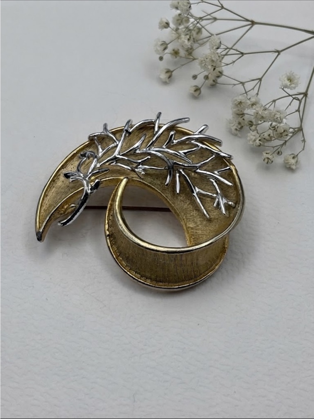 Vintage Two-Tone Gold and Silver Swirl Branch Brooch